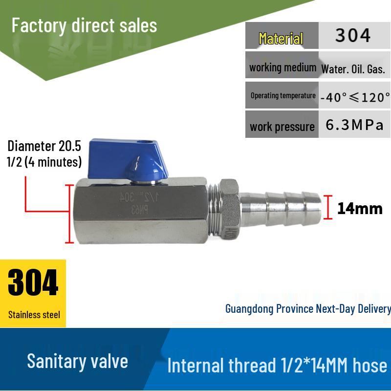 304 Stainless Steel Sanitary Mini Ball Valve, Internal/External Thread, High Pressure, 1/8"-3/4" Sizes, Open Pagoda Design