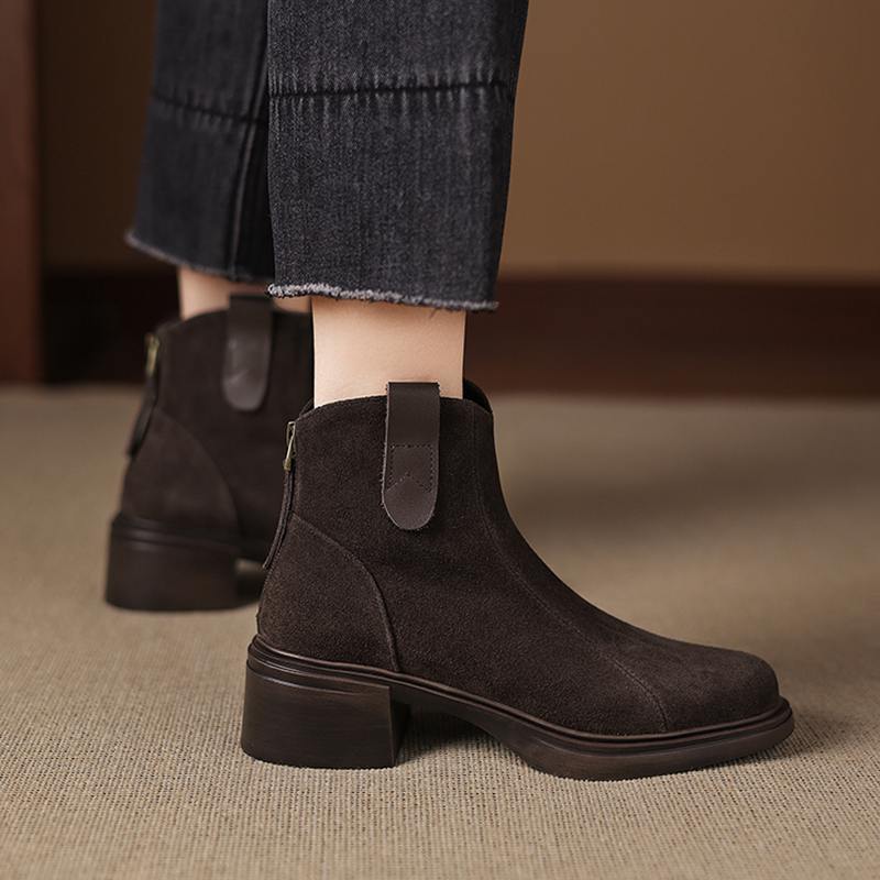 Krazing Pot Cow Suede Nubuck Winter Round Toe Modern Boots Med Heels Zipper Women Ankle Boots