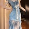 - Französisches graduelles Change Blau Hüft-Fischschwanz-Kleid neues Temperament tragen Rüschenrand Feenkleid an beiden Seiten