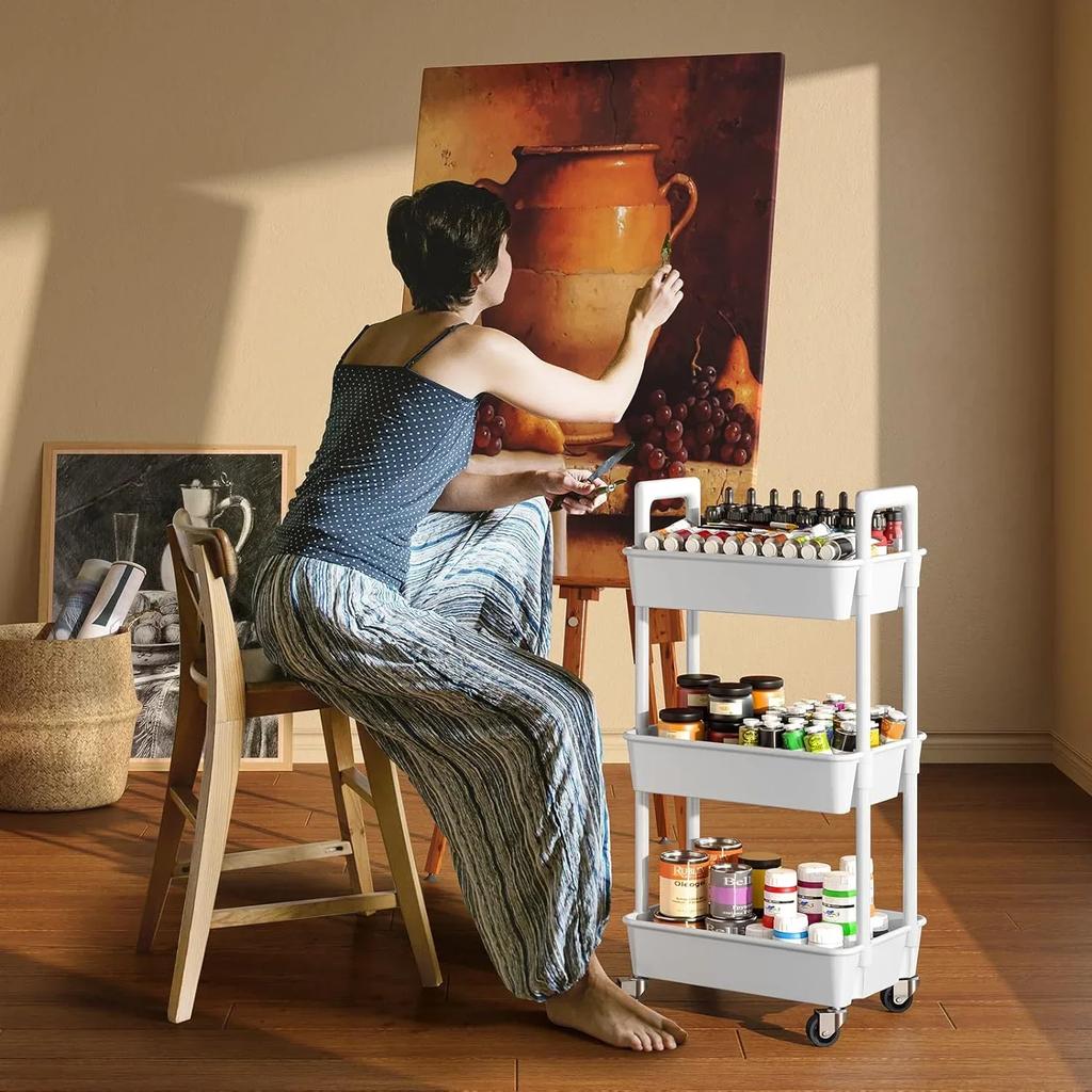 3 - Tier Utility Rolling Cart with Reinforced Handles:Versatile for Kitchen, Bathroom,Craft Room & More,Ideal for Multiple Rooms