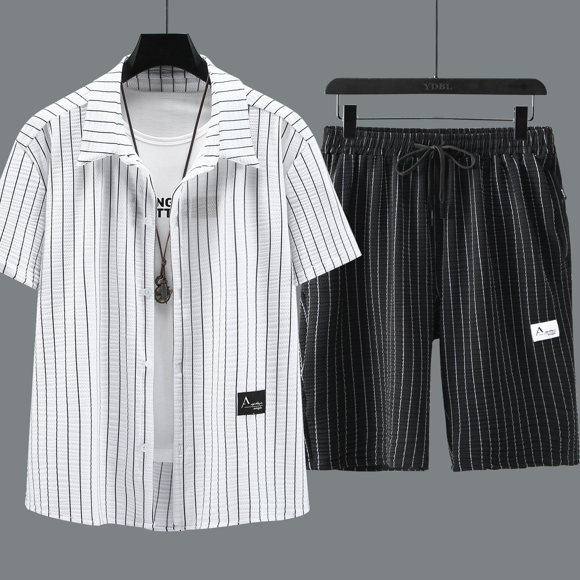 

Мужской полосатый костюм-рубашка с короткими рукавами больших размеров, быстросохнущий летний свободный повседневный спортивный костюм из ледяного шелка 10XL белый