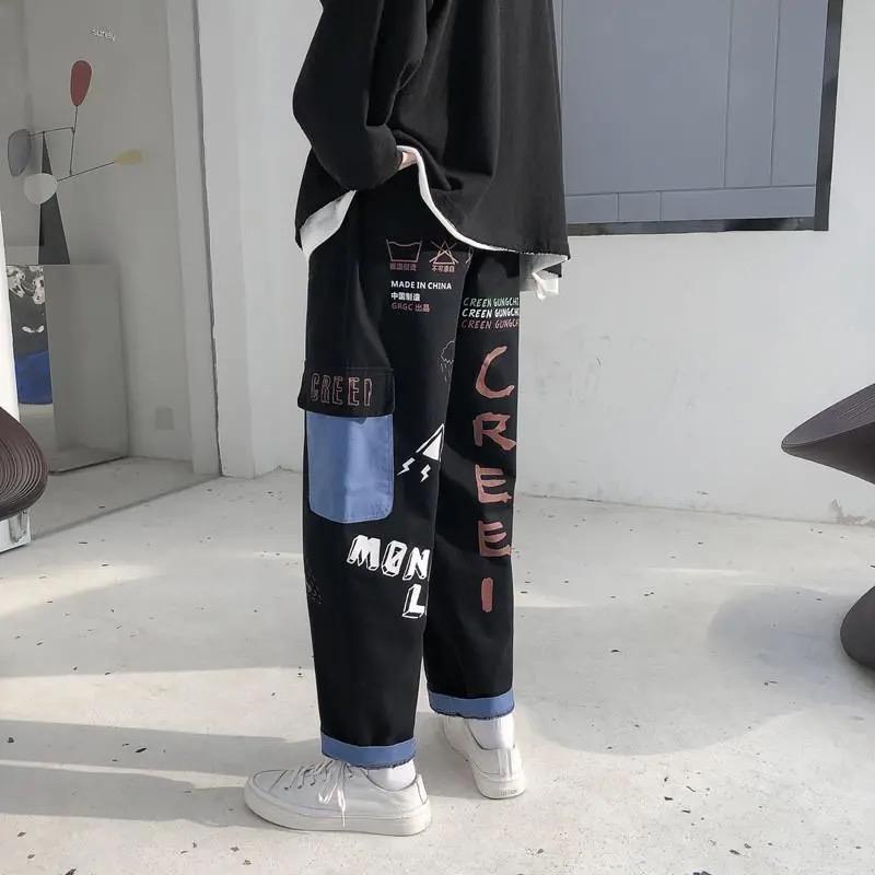 

Белые брюки-карго, уличная одежда, женские комбинезоны большого размера, широкие брюки, прямые брюки с высокой талией, корейская мода S чёрный