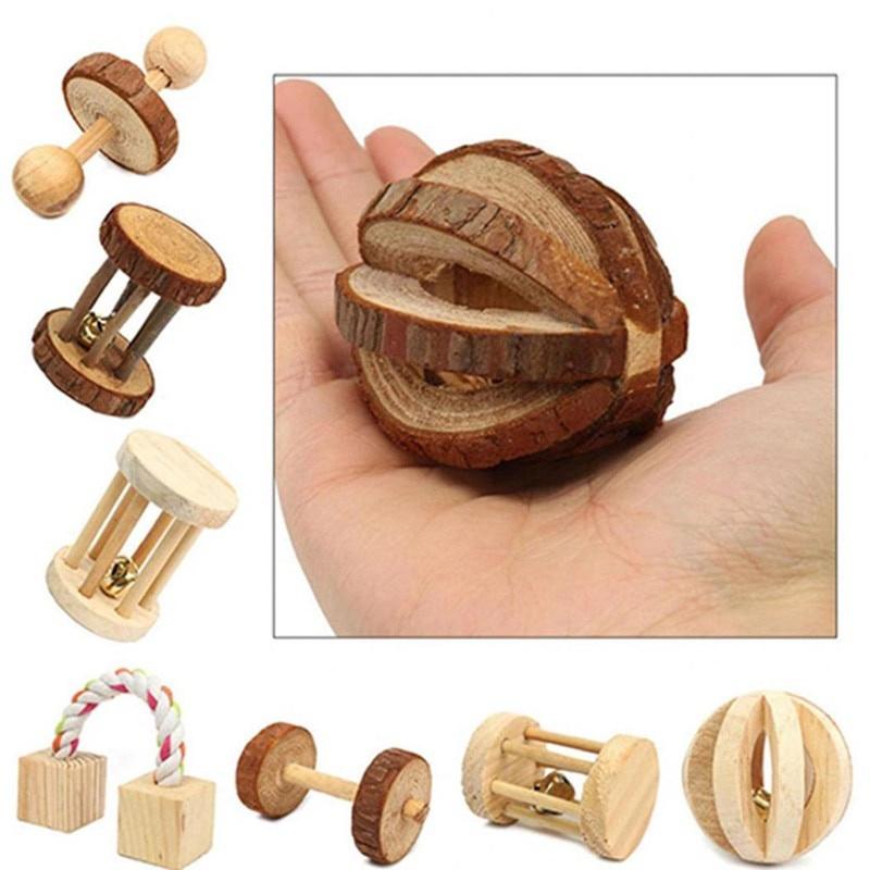 1Pc Natural Pine Dumbells Unicycle Bell Roller Chew Toys For Rabbits Guinea Pigs Rat