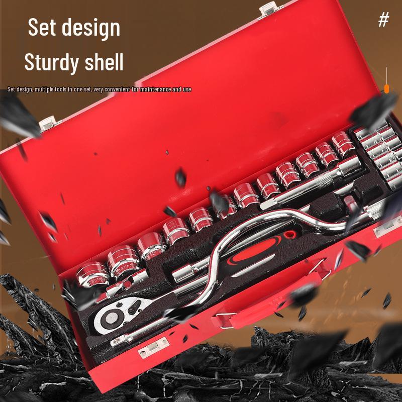24-Piece Auto Repair Tool Set: Chrome Vanadium Steel with Quick Ratchet Wrench & Bright Handle in Iron Box