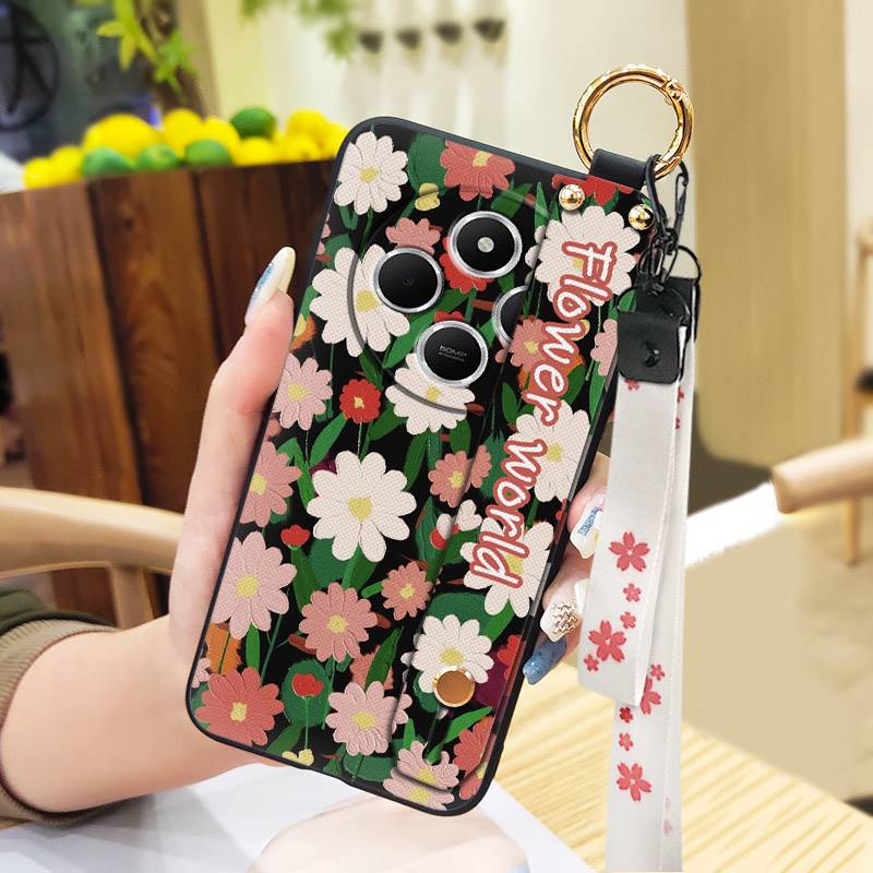 Silicone Soft case Phone Case For Redmi A4 5G Wrist Strap Ring Kickstand Flower Anti-dust Lanyard Phone Holder Durable