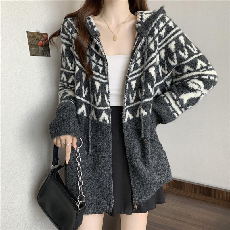 Vintage Fair Island Jacquard Sweater Cardigan Women's Autumn and Winter Thickened Lazy Wind Loose Hooded Knitted Sweater Jacket Top