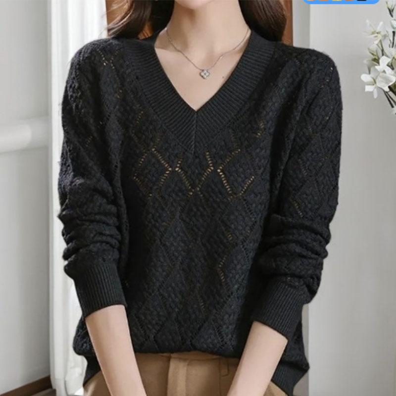 Frühling und Herbst Neuer Großer Lockerer V-Ausschnitt Pullover für Damen Weiter und Hochwertiger Lochstrickpullover für Damen Herbst und Sommer