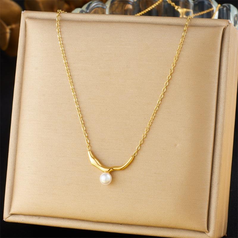 

Gold Plated Antler Freshwater Pearl Pendant Necklace, Stainless Steel Dainty Choker, Waterproof Elegant Jewelry for Women Gift золотой