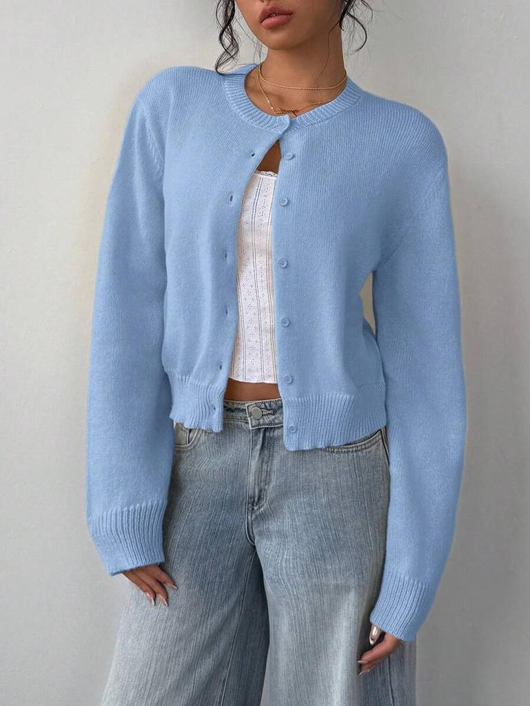 Short Knit Cardigan with Round Neck and Button Front In Light Yellow