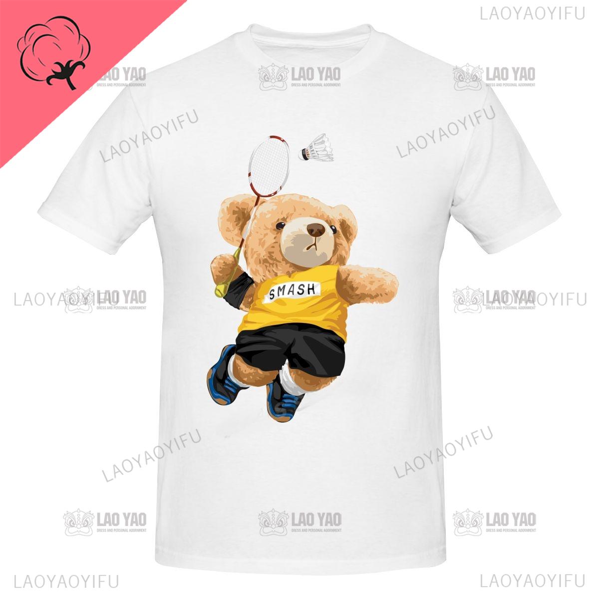 Teddy Bear Playing Badminton Print Cotton Tshirt Harajuku Streetwear Short Sleeve Tee Shirt Men Women Graphic Summer Unisex Tops S
