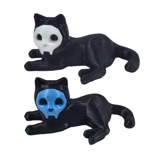 Cat Pen Holder 3D Printed Black Cat Ornament Cat Figurine with Detachable Skull Mask for Home Office Desk Halloween Decoration