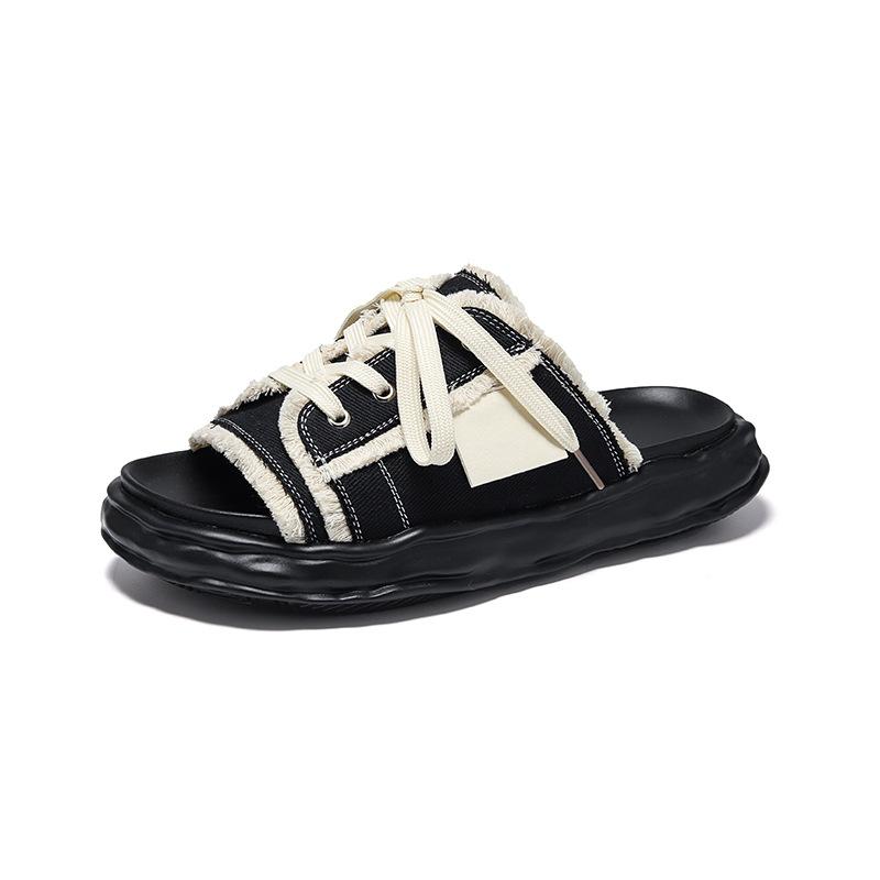 Fashion Men's Niche Designer Trendy One-piece Slides Men Lace-up Casual Outdoor Shoes Mens Versatile Style Breathable Slippers