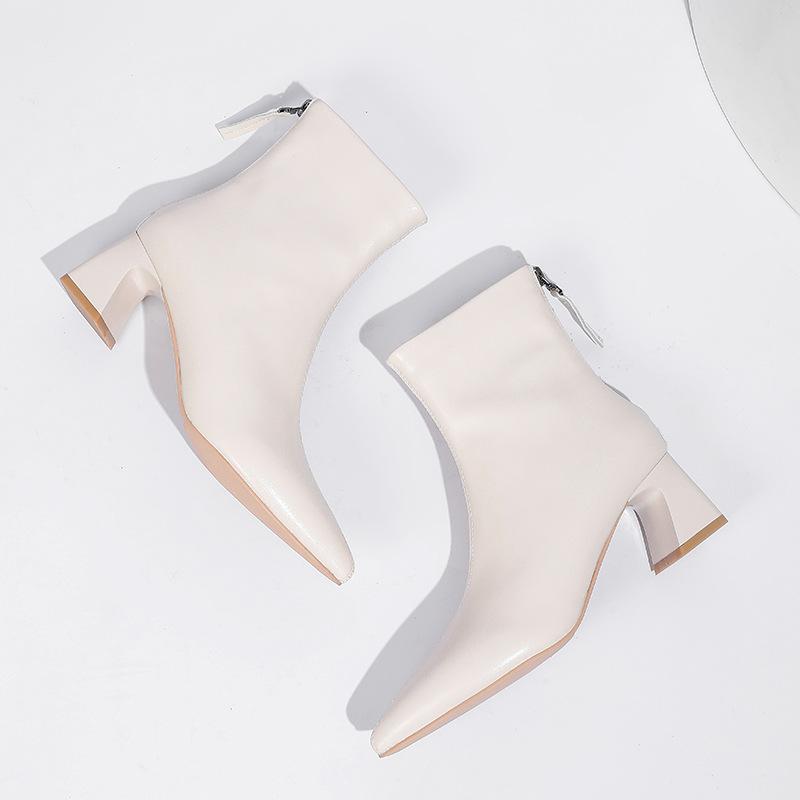 2024 podzimní a zimní nové korejské špičaté kotníkové boty dámské korejského stylu zadní zip silný podpatek boty dětské béžové vysoký podpatek dámské bo