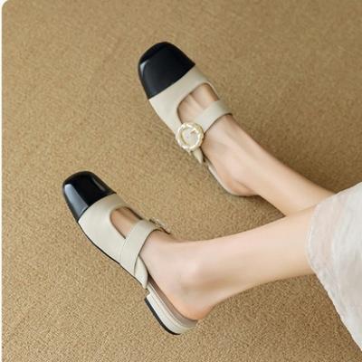 2025 Spring and Summer Color Matching Bag Head Wear Flat-soled Muller Shoes Slippers Small Fragrant Style Color Matching Square Head Low Heel Cool S