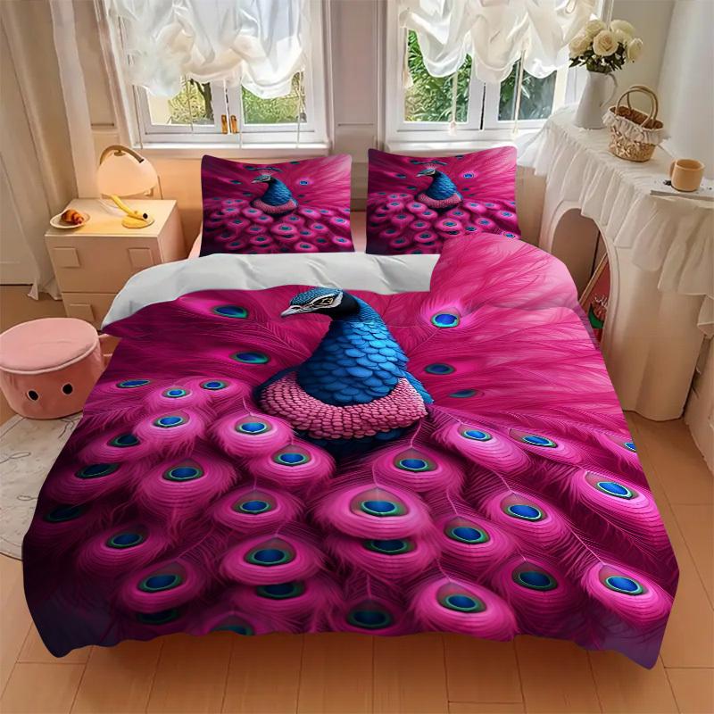 3pcs Peacock Feather Print Duvet Cover Set, 1 Duvet Cover + 2 Pillowcases (No Insert), High-Definition Print, Home & Dorm yy251123006