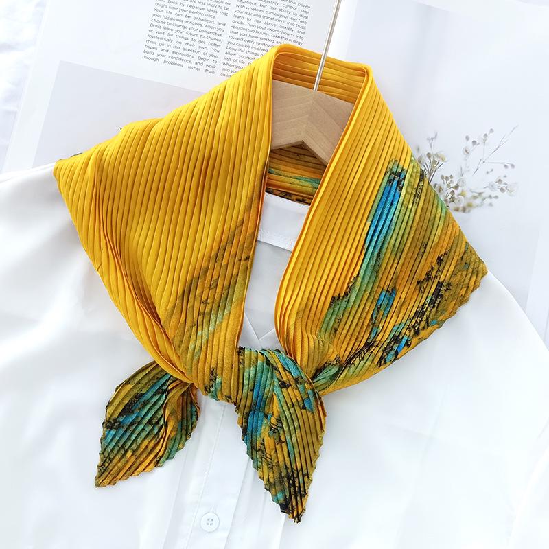 Korean Pleated Silk Scarf 70cm: Women's Spring/Autumn Fashionable Thin Scarf – Ideal for Flight Attendants & Headscarf Use