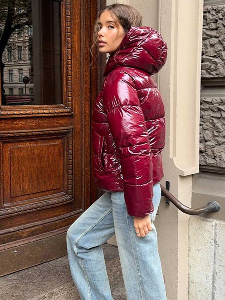 Women's Stand Up Collar Hooded Long Sleeved Zipper Glossy Thick Jacket for Winter