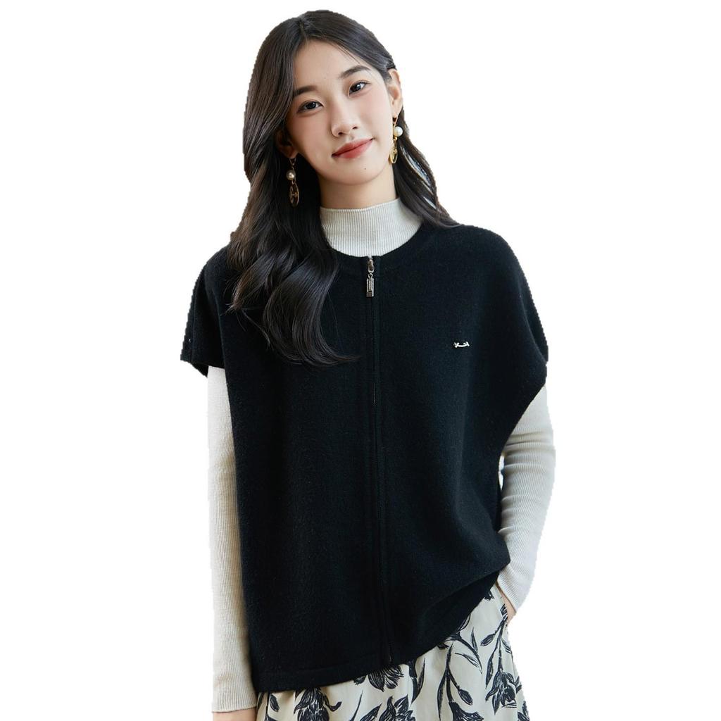 Women's Pure Wool Knit Vest Cardigan - Round Neck, Drop Shoulder, Loose Fit, Sleeveless, Zipper Jacket