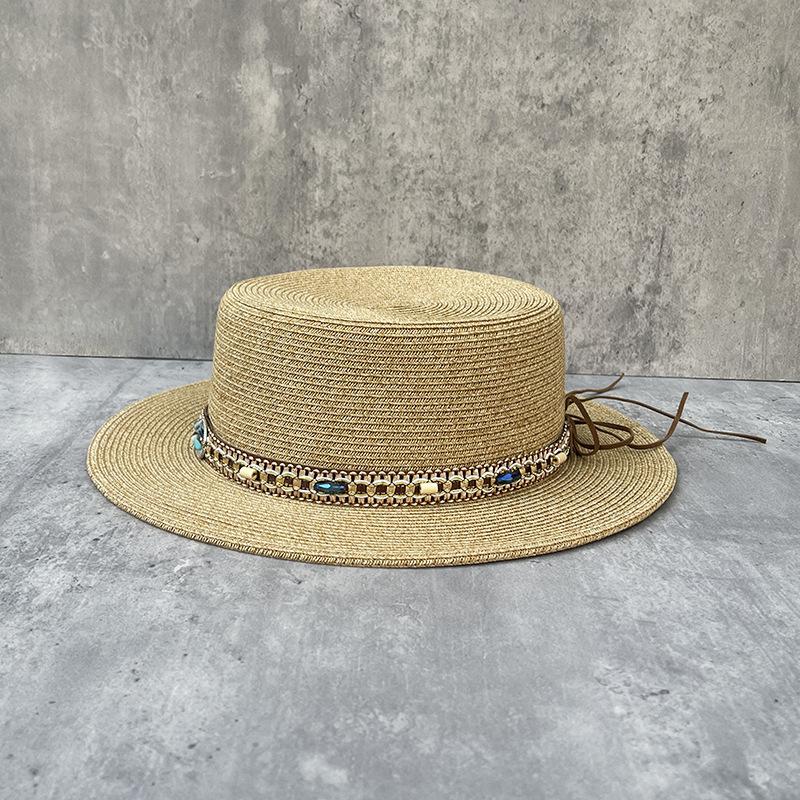 Ethnic Style Short Brim Flat Top Straw Hat Women'S Summer Travel Vacation Bohemian Flat Edge Visor Top Hat