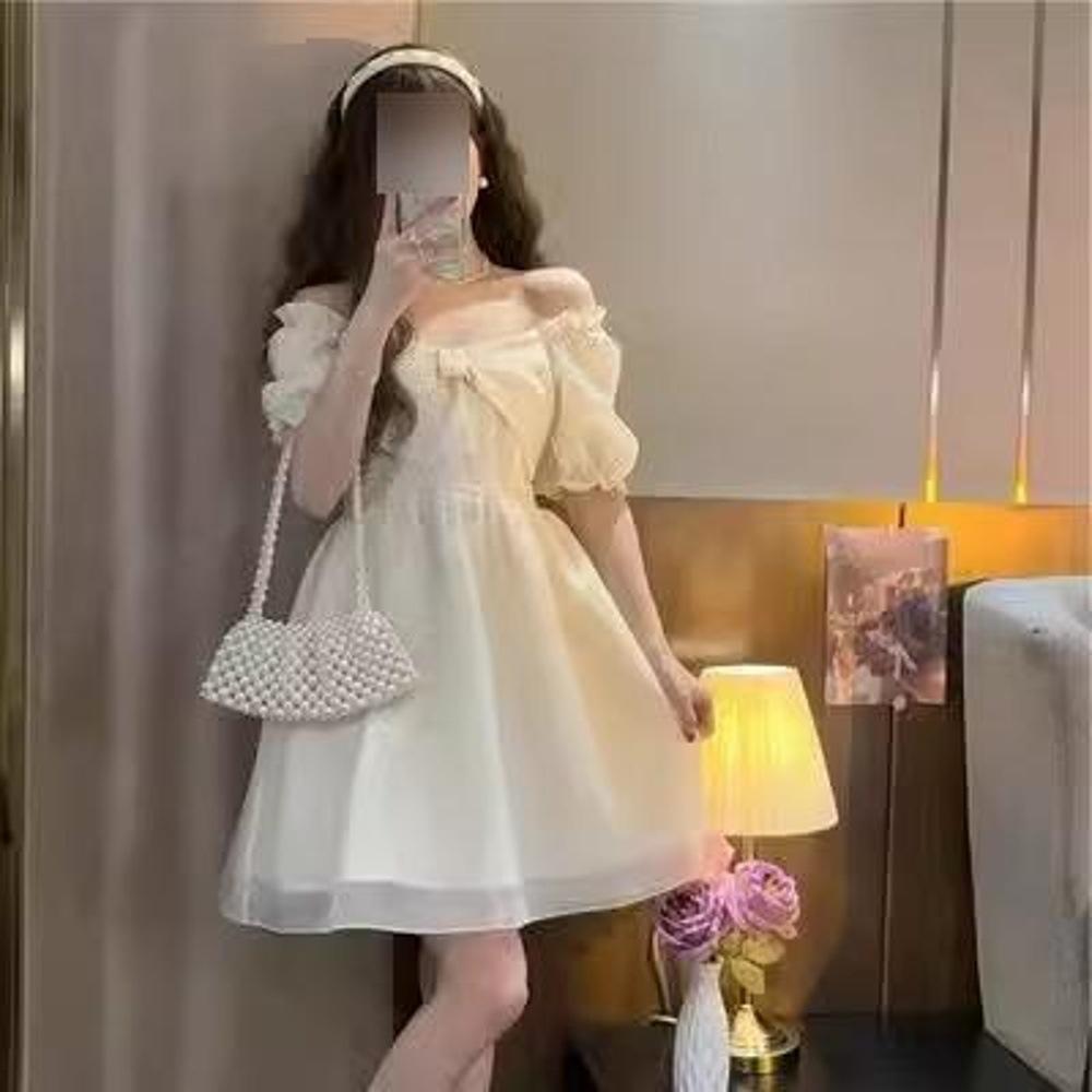 Französisches Retro Gelbes Kleid mit Puffärmeln für Mittelschulmädchen - Sommerlicher Feenprinzessinnen-Stil