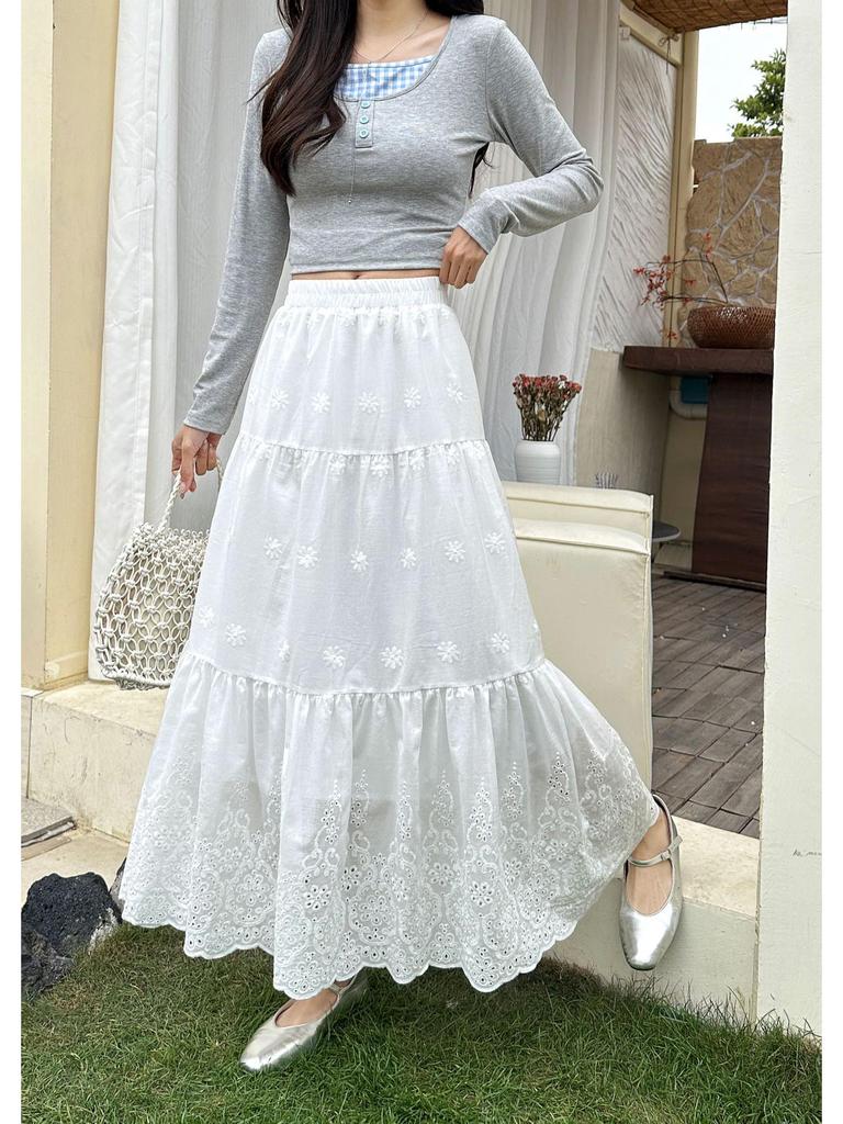 2026 Trendy High-Waist Embroidered A-line Skirt with Elastic Design