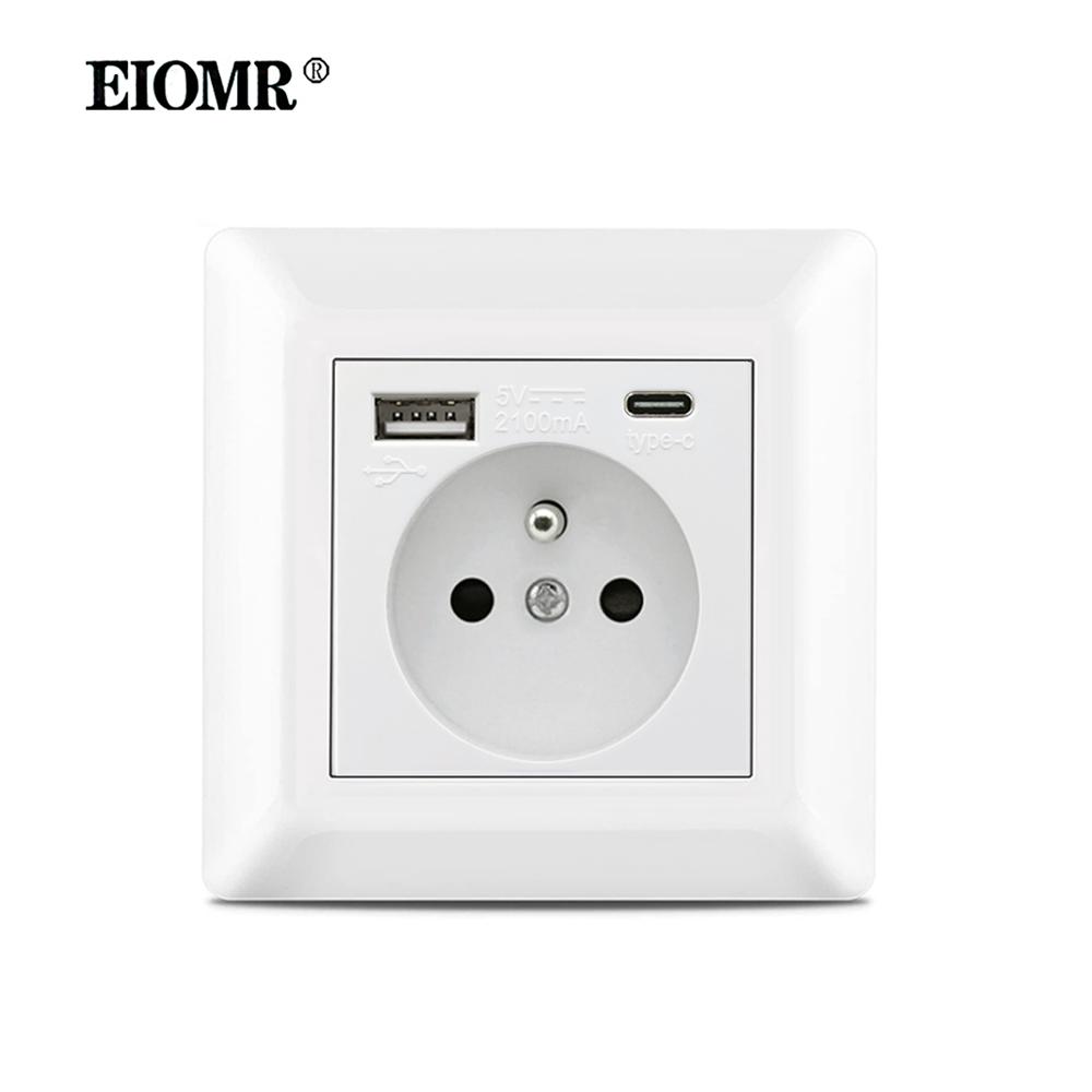 

EIOMR Розумна настінна розетка Порт зарядного пристрою USB Type-C Електрична розетка ЄС Вигнута панель Потужність AC 220В для дому, офісу, кухні, спальні FR Standards White