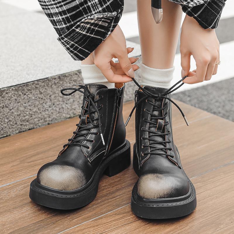 

2024 Новые кожаные ботинки на платформе, женские, на шнуровке, на толстом каблуке, мотоциклетные ботинки Botas Mujer, осенние ботинки на толстой подошве для женщин 35 чёрный