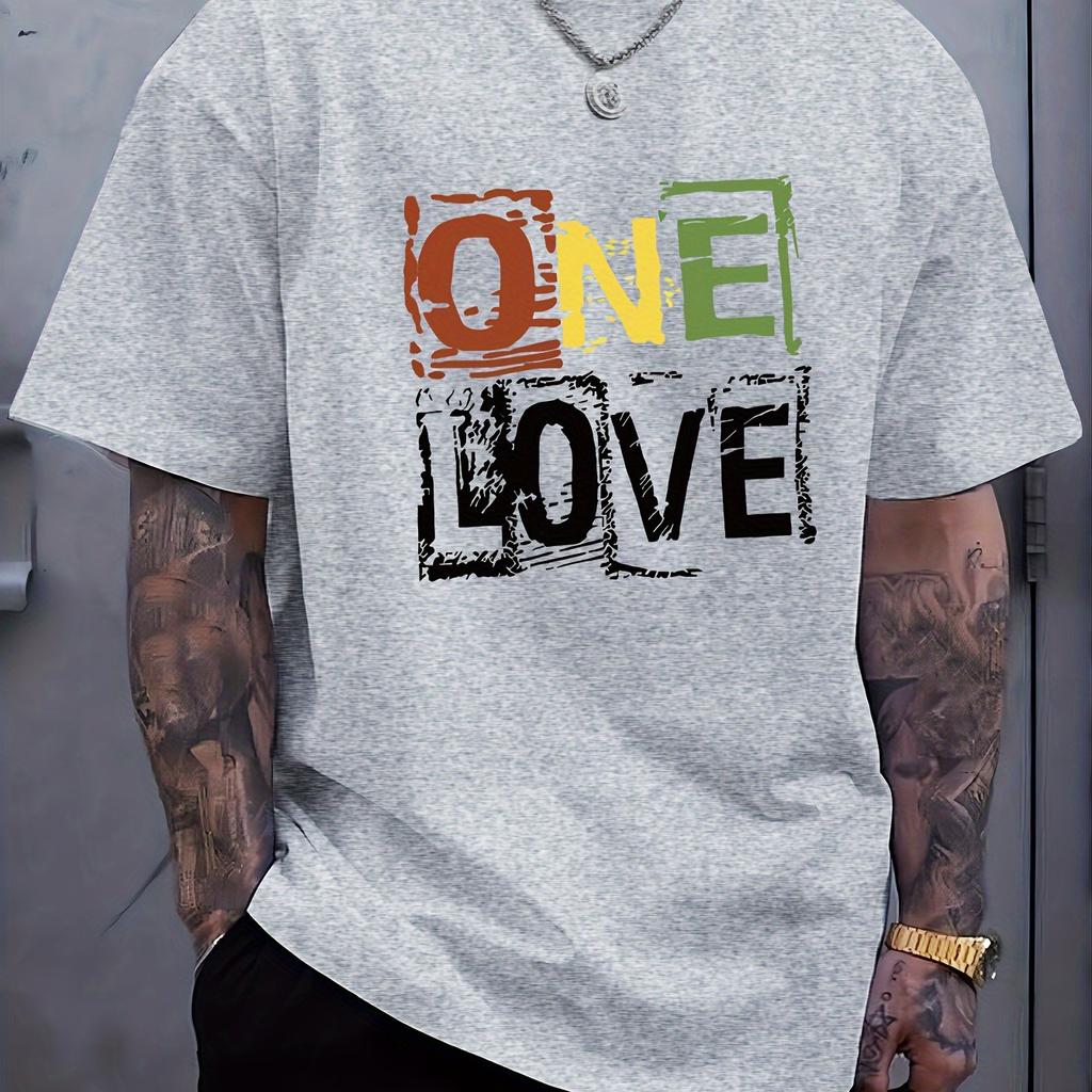 Unique One Love Letter Print Short Sleeve T-Shirt Comfy Slight Stretch Crew Neck Geometric Perfect for Casual Activities