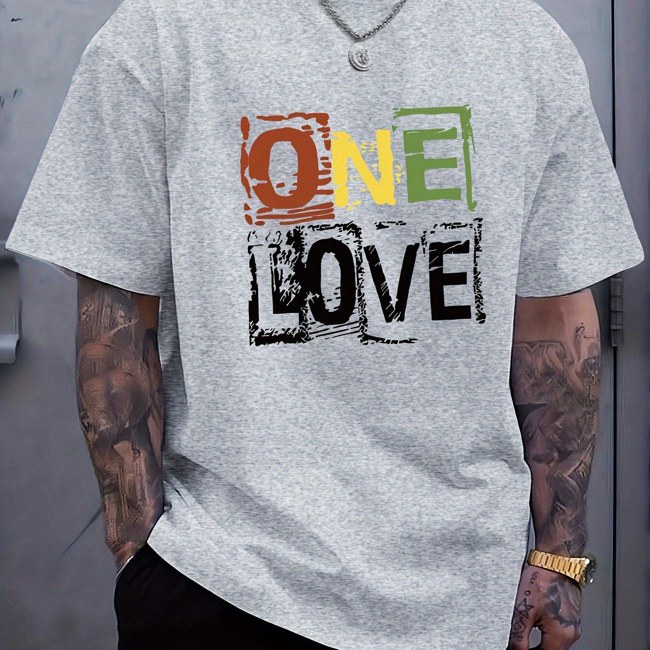 

Unique One Love Letter Print Short Sleeve T-Shirt Comfy Slight Stretch Crew Neck Geometric Perfect for Casual Activities 4XL