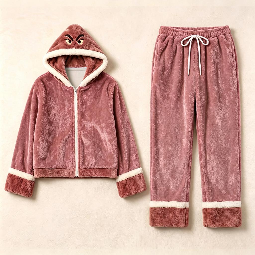 Women's Casual Winter -Lined Hooded Pajama Set with Jacket and Straight-Leg Pants for Home Wear