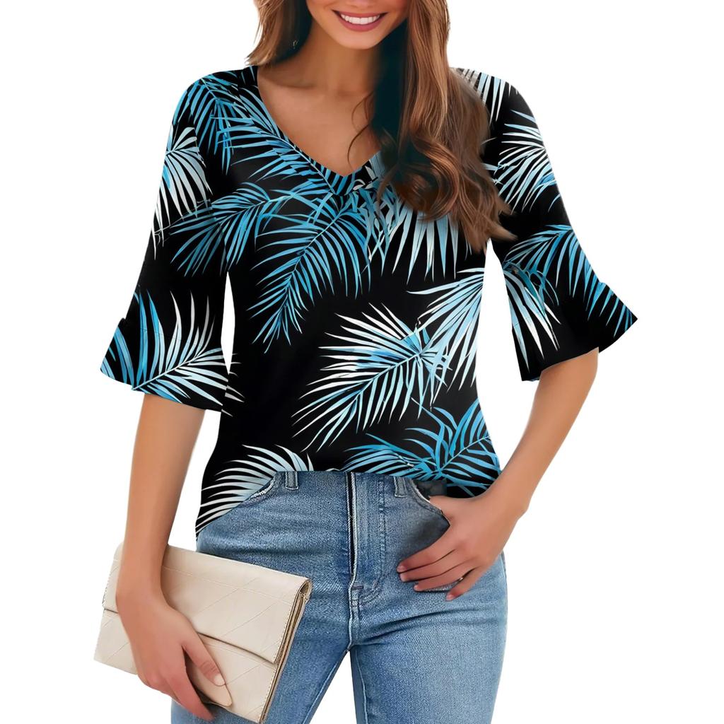 Damen Casual Fashion V-Ausschnitt Pullover Lose Pendeln Floral Fünf-Punkt-Ärmel T-Shirt Top