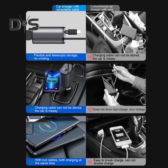 Cargador de coche con cable retráctil doble tipo C 8 pines USB 3A 2.4A Voltaje Pantalla digital Universal 100W Carga rápida de alta potencia Carga automotriz