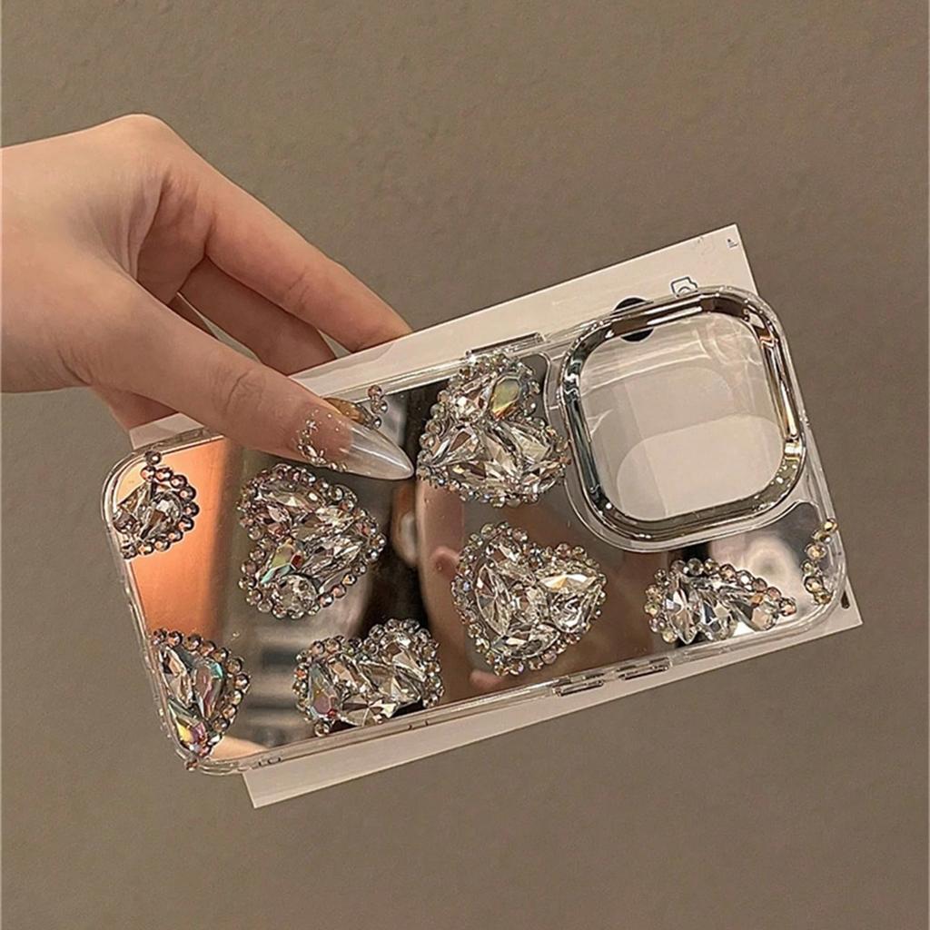 Mirror Love Phone Case for IPhone 16 Pro 15 Plus 14 13 12 11 Pro Max Fashion Rhinestone Phone Case Protective Jacket