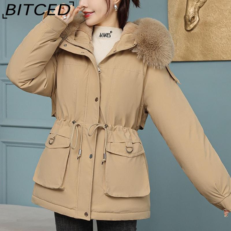 BITCED Women's Fleece-Lined Thickened Puffer Coat - Short Winter Style with Large Fur Collar, Slim-Fit and Flattering Cotton-Blend Outerwear
