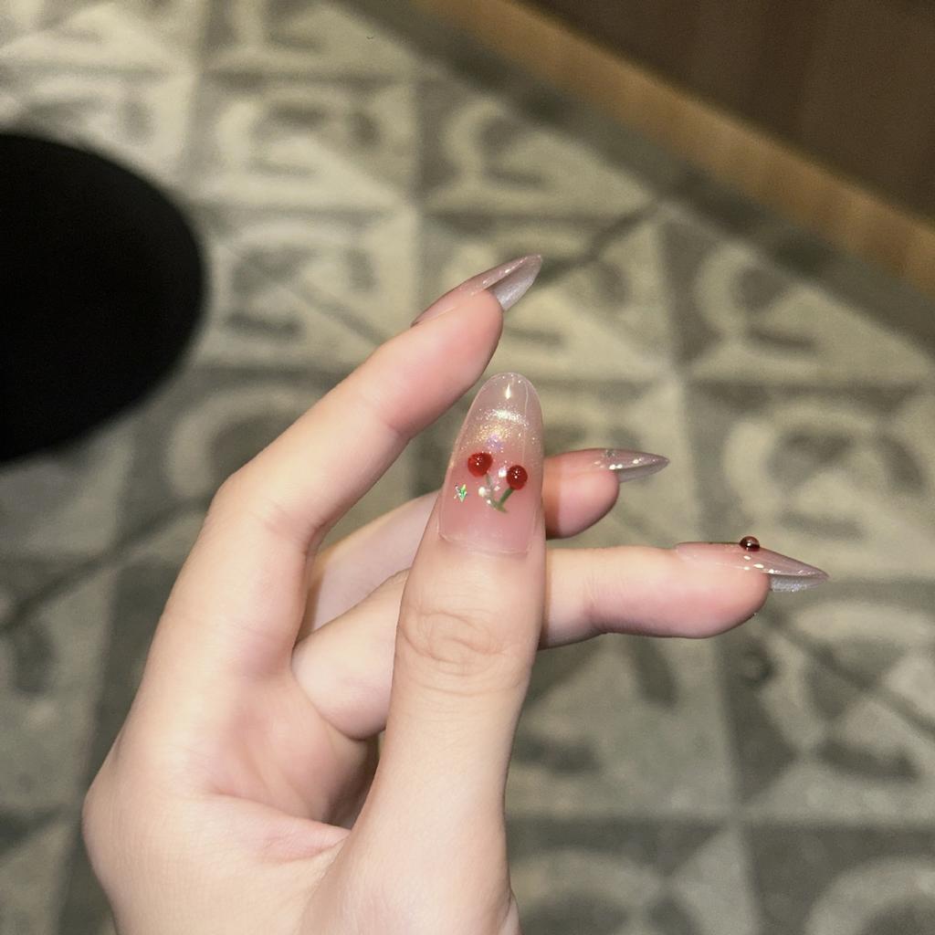 Smiling Cat Eye French Hand-painted Cute Cherry Sequin Glitter Nail Art Patch Wear Nail Pure Handmade