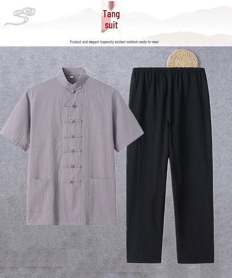 Tang-Anzug aus Baumwolle und Leinen für Herren: Kurzärmlig, Froschverschluss, Chinesischer Stil, Perfekt für Sommer und ältere Männer.