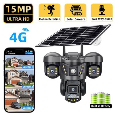 Solarbetriebene IP-Kamera, Hochauflösend, Dreifachobjektiv, Dreifachbildschirm, Nachtsicht, Wasserdicht, Drahtlose Netzwerküberwachungskamera