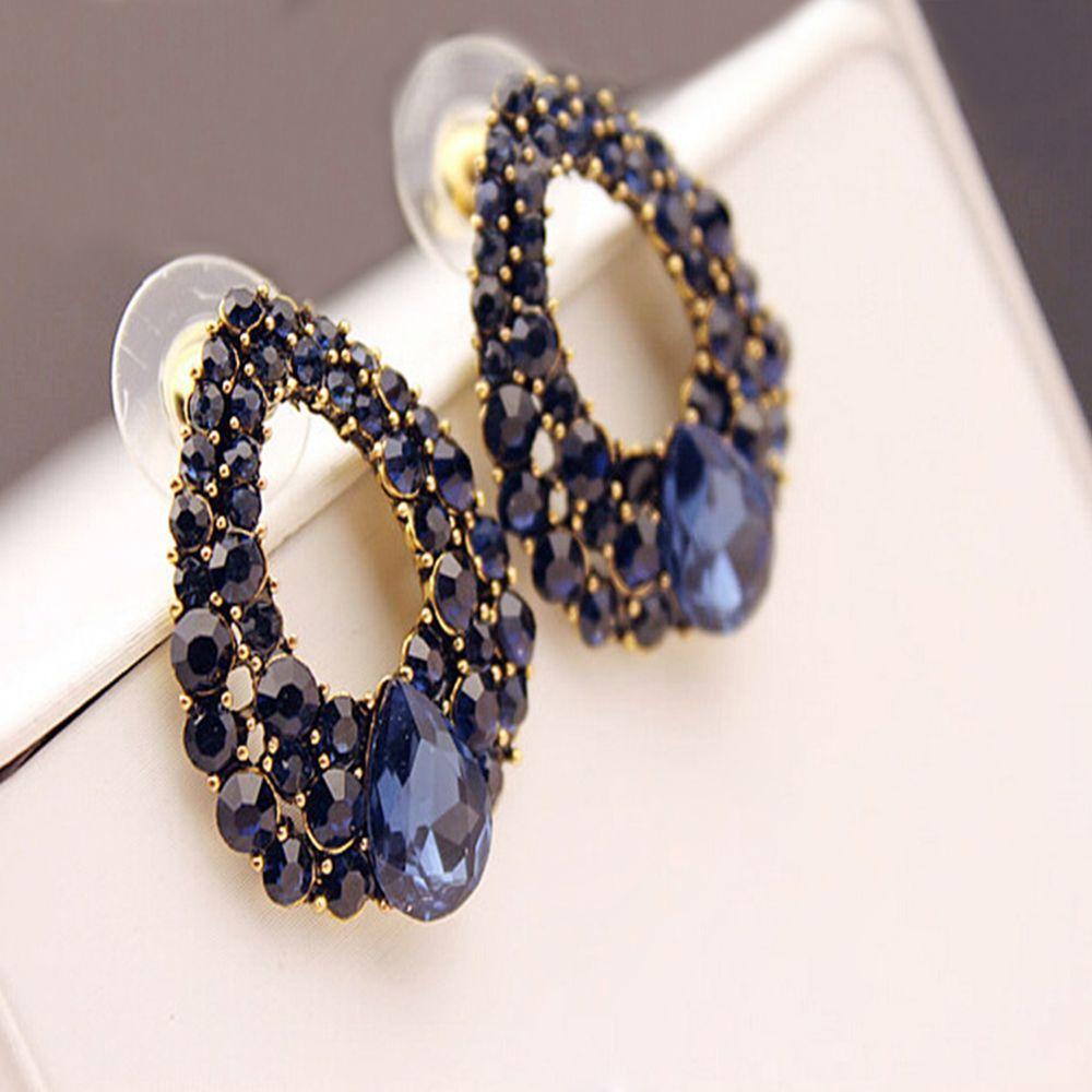 Style Fashion Blue Rhinestone Dangle Ear Stud Earrings Jewelry Water Droplets Australian Crystal