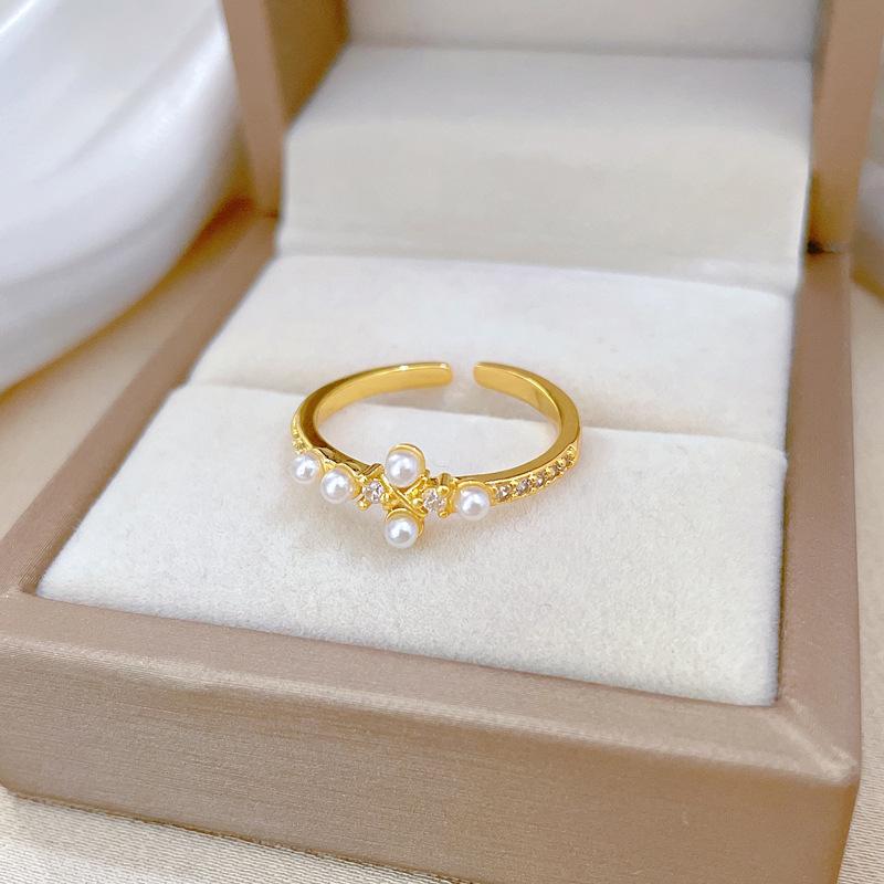 Real Gold Pearl Cross Ring Opening Adjustable Simple Jewelry Japanese Ring Couple Ring