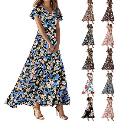 Women's Summer Casual Fashion Retro Floral Dress V Neck Short Sleeve Dress