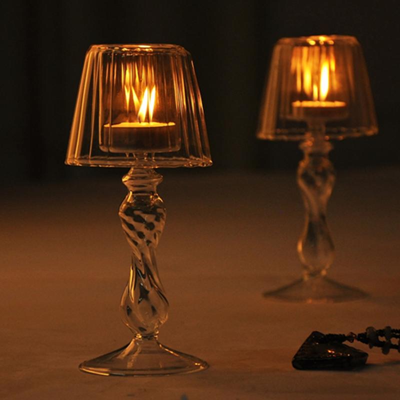 1PC Vintage-Inspired Glass Table Decoration Desk Lamp Shaped European Transparent Glass Candle Holder Glass 18.5x8.5cm