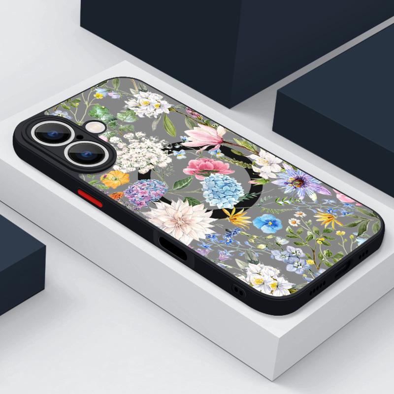 

Роскошный цветочный принт для тонкого прозрачного чехла MagSafe для iPhone 16 15 Pro Max 14 Plus 13 12 Pro 11 8 7, противоударный матовый магнитный чехол для телефона с мягким краем iPhone 7 / 8 чёрный
