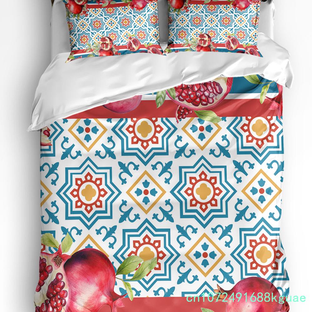 Sommerfrucht Roter Granatapfel Grünes Blatt Bettbezug mit Kissenbezug Kundenspezifisches 3-teiliges Bettwäscheset Steppdeckenbezug Doppelbett Heimtextil