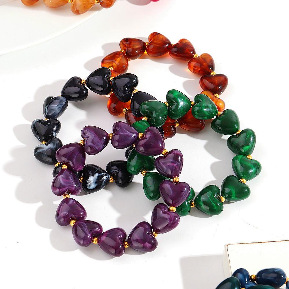 New Acrylic Heart Beaded Elastic Bracelet for Women Trendy Multicolor Resin Love Handmade Bracelets Valentine's Day Jewelry Gift