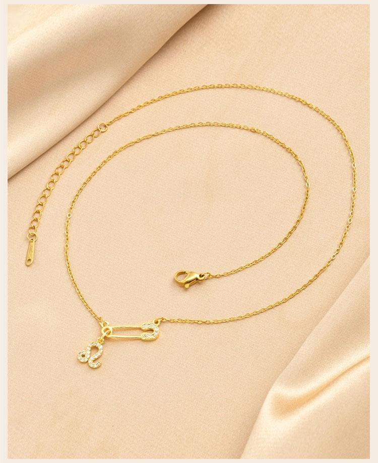 Zodiac Necklace Gold Plated Stainless Steel Chain Safety Pin 12 Constellation Horoscope Pave CZ Pendant Waterproof