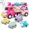 Toddler Car Toys for Girl Pink Princess Transport Carrier Trucks with Lights & Music Friction Power Birthday Christmas Gift
