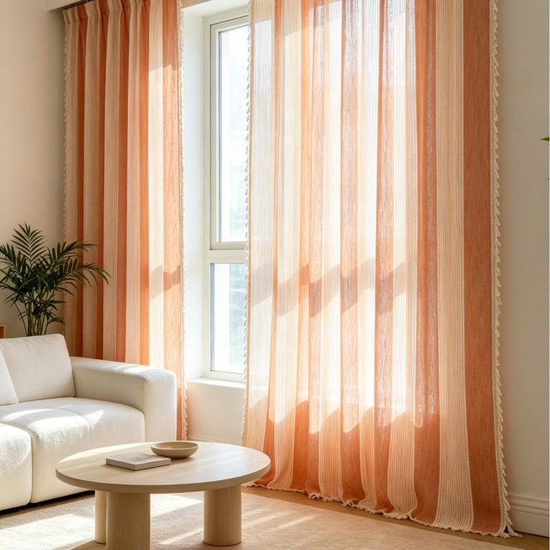 Modern Striped French Style Semi-Sheer Curtain Living Room Balcony Cotton Drapery With Rod Pocket Tassel Trim