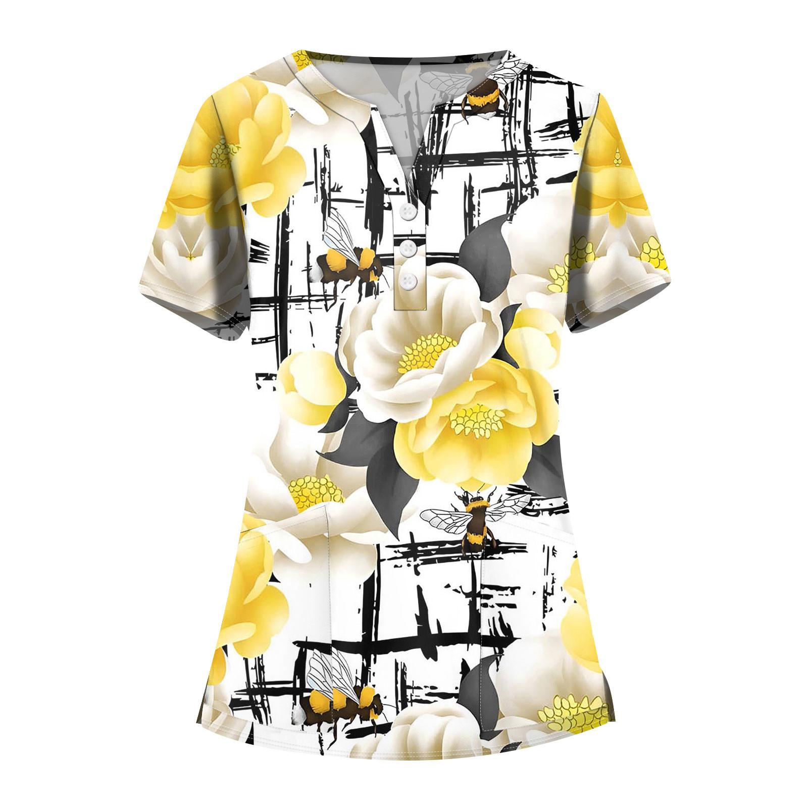 

Женская мода V-образный вырез короткий рукав комбинезон с карманами пуговицы принт блузка одежда XL жёлтый