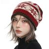 Winter Retro Fair Isle Jacquard Knitted Hat Women Plush Rolled Cuff Thickened Warm Beanie Pullover Cap