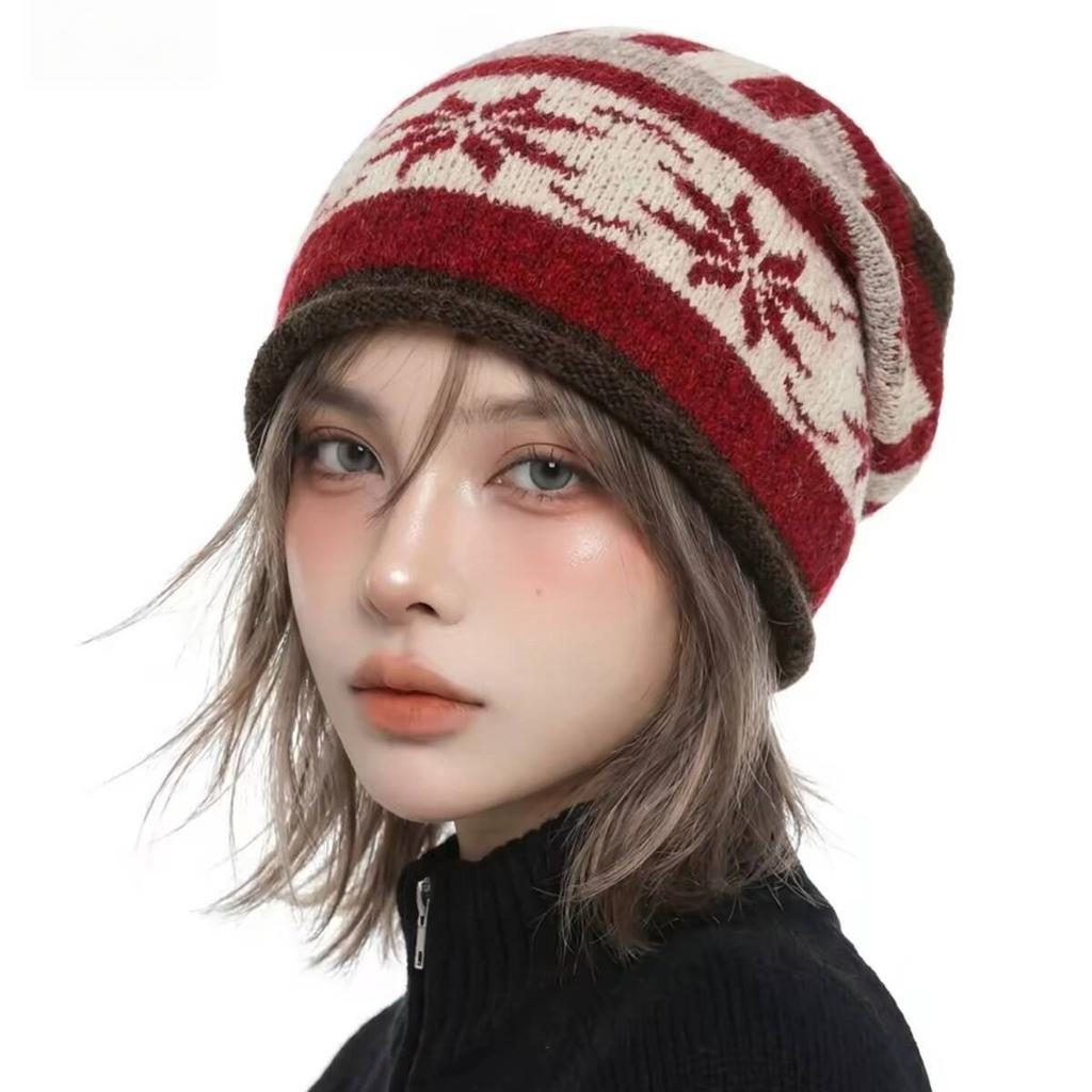 Winter Retro Fair Isle Jacquard Knitted Hat Women Plush Rolled Cuff Thickened Warm Beanie Pullover Cap